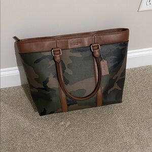 Coach Green Camouflage Laptop Bag with Brown Trim